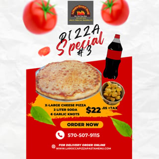 Pizza Special#3. X-Large Cheese Pizza, Order of Garlic Knots & Soda