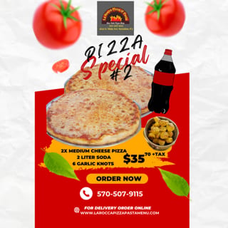 Pizza Special#2. 2Medium Cheese Pizzas, Order of Garlic Knots & 2-Liter Soda